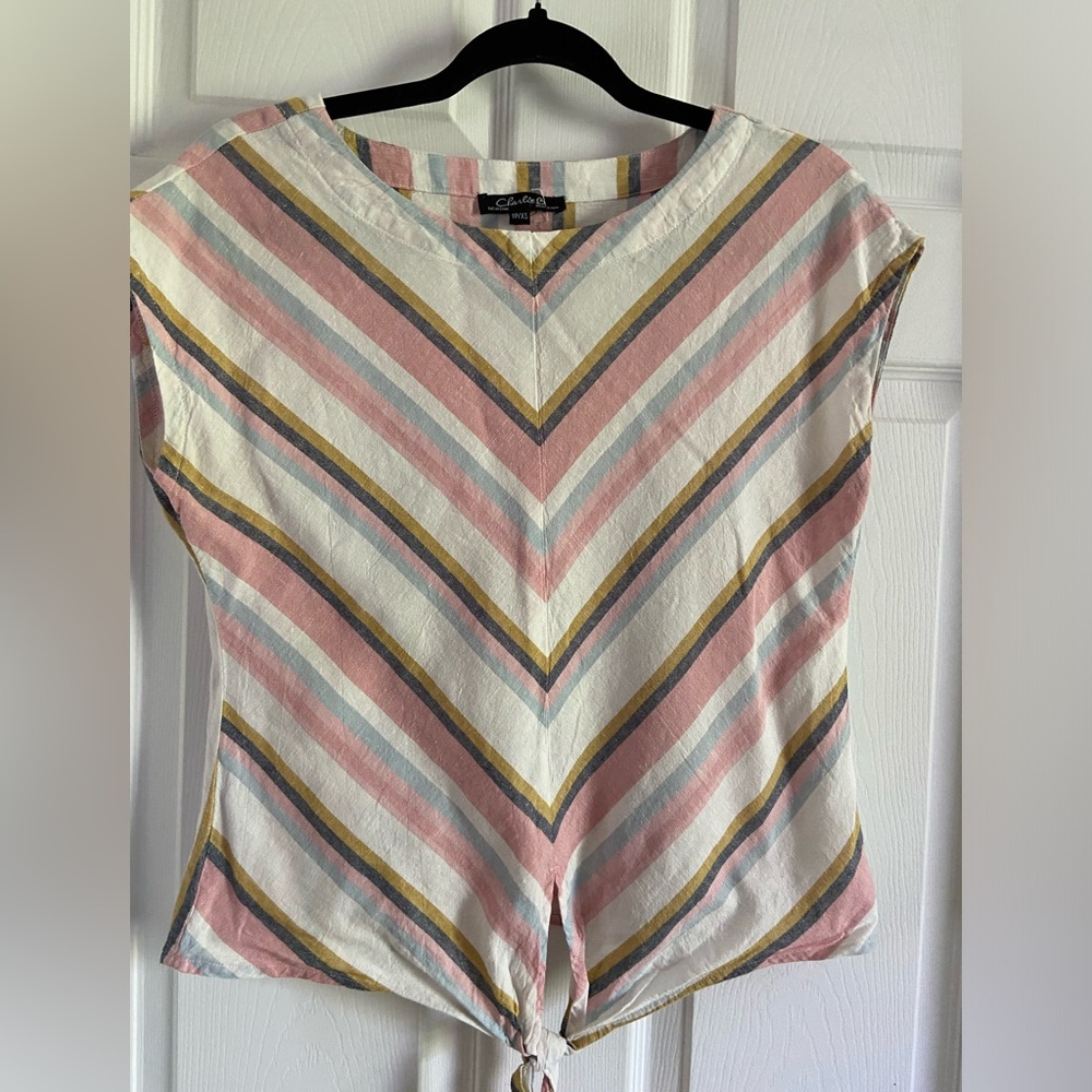 NWOT - CHARLIE B Pink and Gray Linen/Cotton Cap Sleeve Asymmetrical Blouse